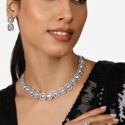 Zaveri Pearls Silver Tone Austrian Diamonds Contemporary Necklace Earring & Ring Set-ZPFK17288 image 1