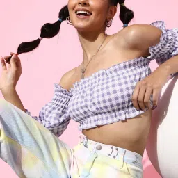KASSUALLY Purple Checks Crop Top image 1