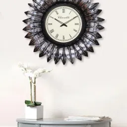 CHRONIKLE Floral Design Black and Silver Iron Roman Number Analog Wall Clock image 1