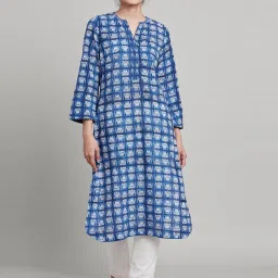 Folksong By W Blue Cotton Printed A Line Kurta image 1