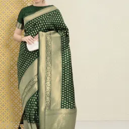 SHUBHKALA Green Silk Woven Saree With Unstitched Blouse image 1