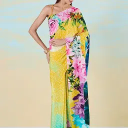 navyasa by liva Yellow & Blue Floral Print Saree With Unstitched Blouse image 1