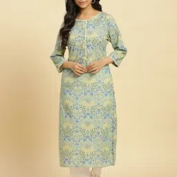 W Green Cotton Floral Print Straight Kurta image 1