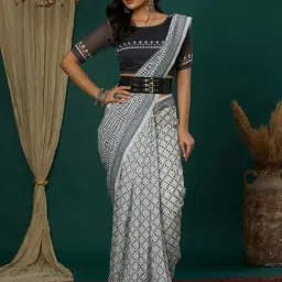 Satrani Off White Cotton Blend Printed Saree With Unstitched Blouse-picture-32