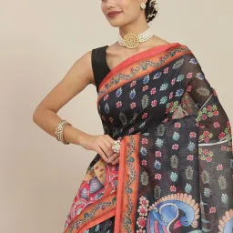 Ishin Black & Pink Printed Saree With Unstitched Blouse image 3