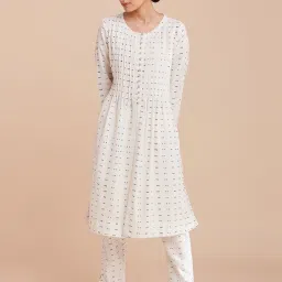 Folksong By W Off-White Cotton Printed A Line Kurta image 1