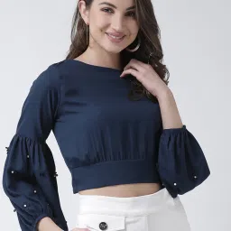 KASSUALLY Navy Embellished Crop Top image 1