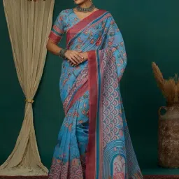 Satrani Blue Cotton Blend Floral Saree With Unstitched Blouse-picture-26