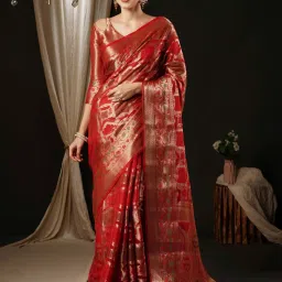 Saree Mall Red Woven Saree With Unstitched Blouse image 1