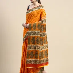 SHANVIKA Mustard Printed Cotton Saree Without Blouse image 1