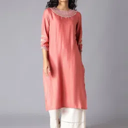 W Pink Embroidered Straight Kurta image 1