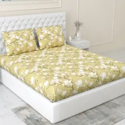 Haus & Kinder Cotton Yellow Golden Bloom Trellis 144 TC King Fitted Bedsheet with 2 Pillow Covers-picture-39