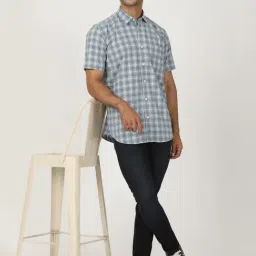 Greenfibre Light Blue Cotton Regular Fit Checked Shirt image 4
