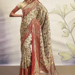 Satrani Beige & Red Woven Saree With Unstitched Blouse-image-6