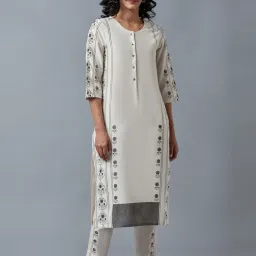 W Off-White Cotton Embroidered Straight Kurta image 1