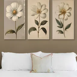 nestroots Cream & Green 3 Pieces Flower Printed Canvas Wall Art-picture-10