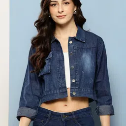 CORSICA Women Navy Blue Cotton Denim Jacket-image-53