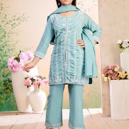 BAESD Girls Ethnic Motifs Embroidered Silk Kurta with Trousers & Dupatta-picture-30