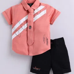 LITTLE COLLARS Half Sleeves Text Printed Shirt & Shorts Set - Carrot-picture-13