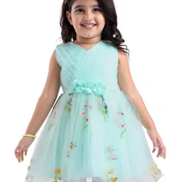 Babyhug Woven Sleeveless Fit and Flare Party Frock with Corsage Applique & Floral Embroidery Detailing - Light Blue-picture-20