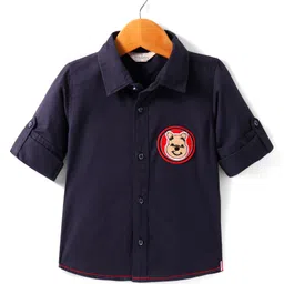 INFINITY Twill Cotton Full Sleeves Bear Patch Embroidered Shirt - Navy Blue-picture-14