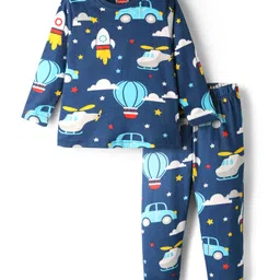 Babyhug Cotton Knit Full Sleeves Co-Ord Night Suit Set with Vehicle Print - Navy Blue-picture-10