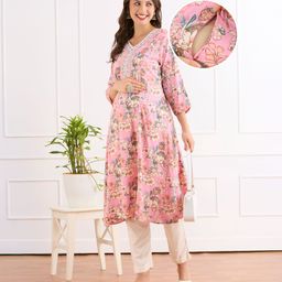 Bella Mama Viscose Woven Three Fourth Sleeves Maternity Kurta With Embriodered Neck & Floral Print - Pink-picture-16