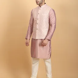 Ethluxis Mandarin Collar Straight Kurta with Churidar & Embroidered Nehru jacket image 5