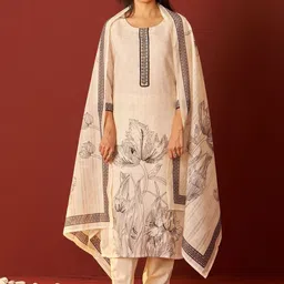 Indo Era Women Floral Printed Regular Thread Work Linen Kurta with Trousers & With Dupatta image 4