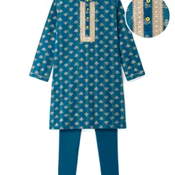 EARTHY TOUCH Single Jersey Knit Full Sleeves Embroidered & Foil Floral Printed Kurta Pyjama Set - Teal Blue image 4