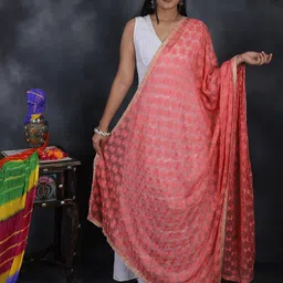 Exotic India Phulkari Extra Wide Chiffon Dupatta From Punjab With Embroidered Bootis-picture-24