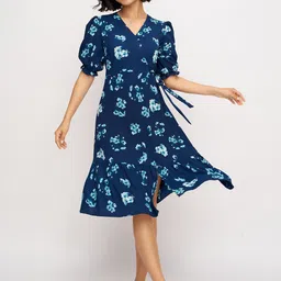 AASK Women Teal Blue Printed Delta Crush Calf Length Fit and Flare Dress-picture-32