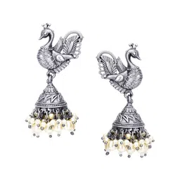 Yellow Chimes Oxidised White Silver-Plated Beaded Peacock Shaped Jhumkas image 2