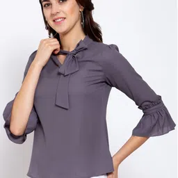 Style Quotient Grey Tie-Up Neck Flared Sleeves Crepe Regular Top image 3
