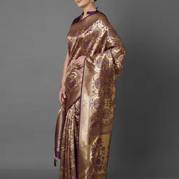 Mitera Purple & Gold-Toned Silk Blend Woven Design Kanjeevaram Saree image 3