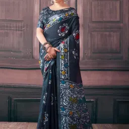 Satrani Blue Printed Saree With Unstitched Blouse-image-50