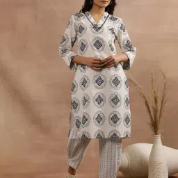 W White Cotton Printed Straight Kurta image 1