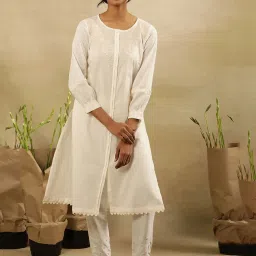 folksong W Paper White Cotton Embroidered Straight Kurta image 1