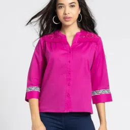 SHAYE Wine V-Neck Three-Quarter Sleeves Casual Top For Women image 1