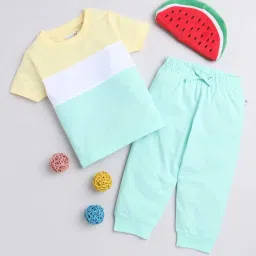 Bumzee Kids Mint Green & Yellow Cotton Color Block T-Shirt Set image 1