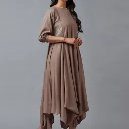 W Beige Embroidered Flared Kurta image 4