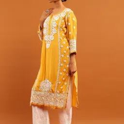 House Of Chikankari Mustard Chanderi Regular Fit Kurta image 4