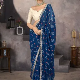 Satrani Blue Georgette Embroidered Saree With Unstitched Blouse image 1