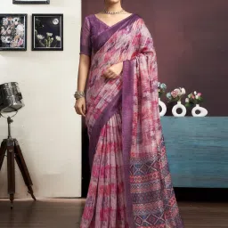 Satrani Pink Cotton Blend Geometric Saree With Unstitched Blouse image 1