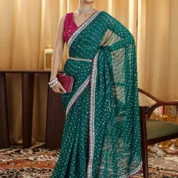 Satrani Green Georgette Printed Saree With Unstitched Blouse image 1