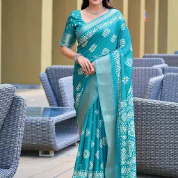 Satrani Turquoise Cotton Blend Printed Saree With Unstitched Blouse image 1
