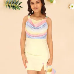 Cutecumber Kids Yellow & Blue Cotton Embellished Dress-image-10