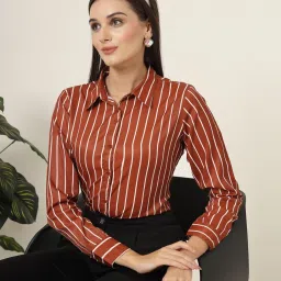 Style Quotient Women Brown & White Stripe Printed Polyester Regular Fit Formal Shirt image 1