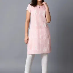 W Pink Cotton Printed Straight Kurta-image-22