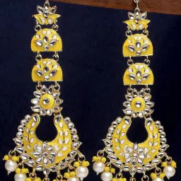 OOMPH Yellow Meenakari & Kundan Floral Dangler Earrings image 1
